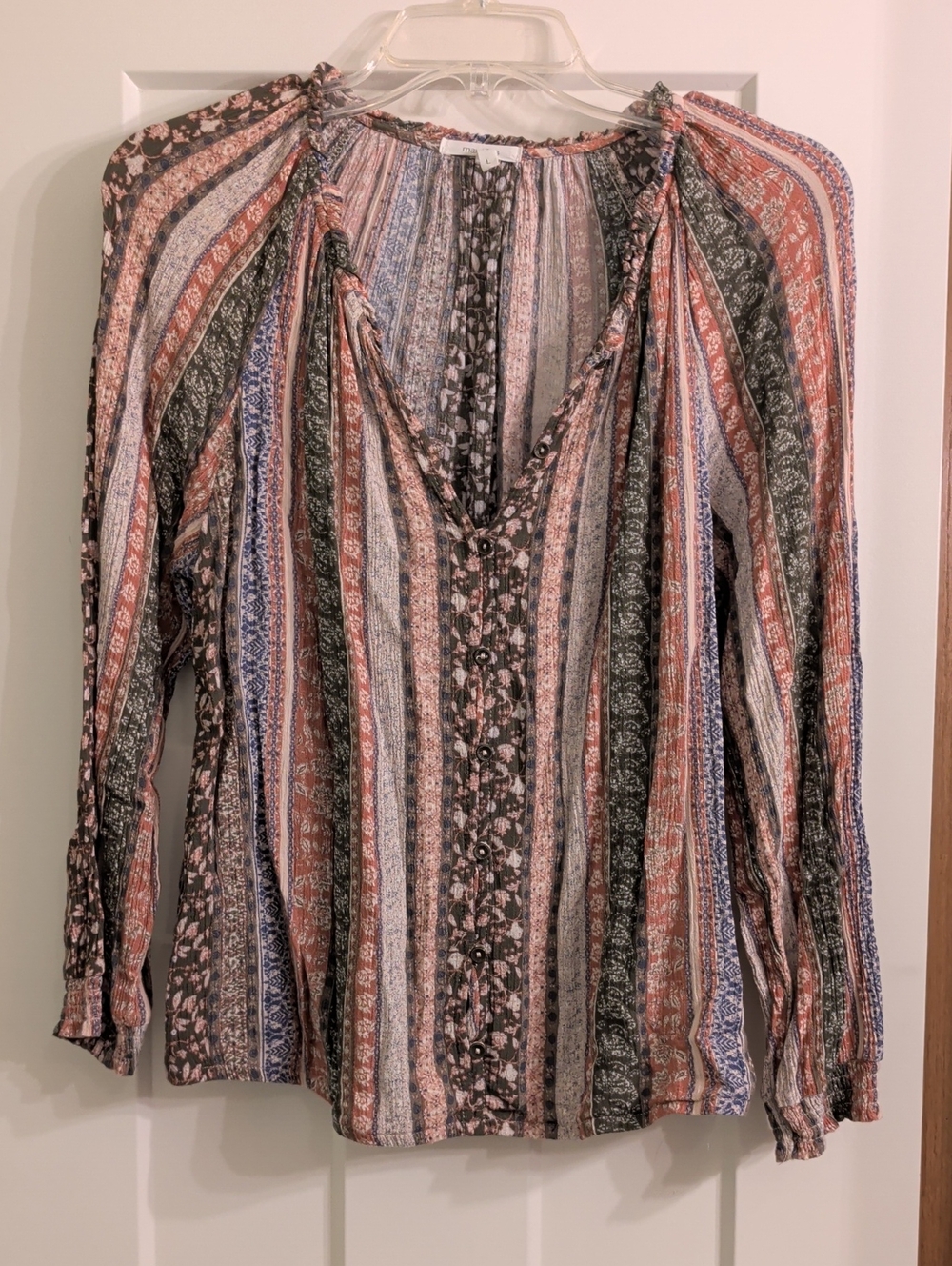 Maurices Striped Peasant Button-Front Blouse - Rust, Olive, Dusty Pink
